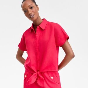 Macy's I.N.C Vibrant Flowy Button-Up & Tie Detail Blouse, size XXL in Fresh Lips